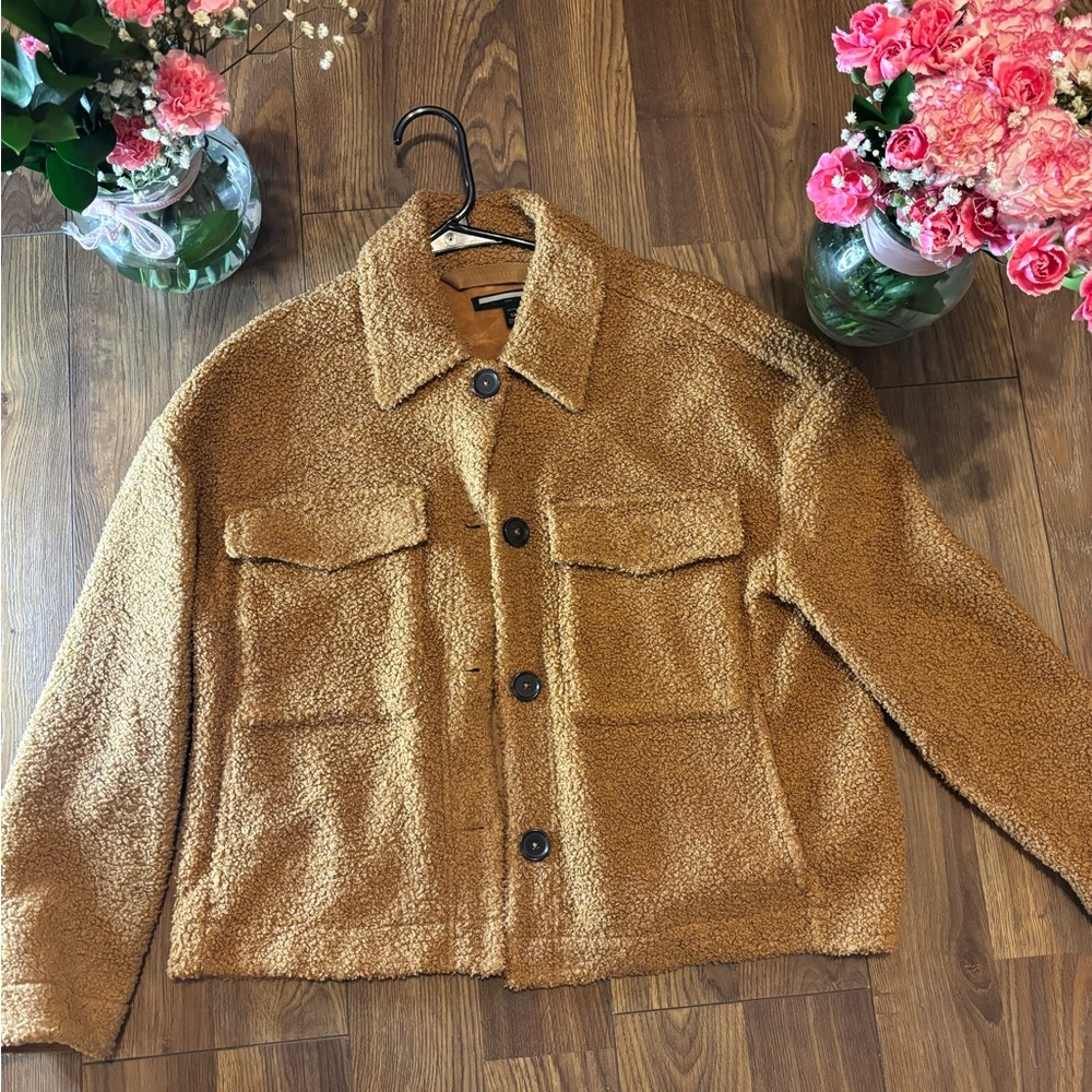Fuzzy beige petite teddy jacket